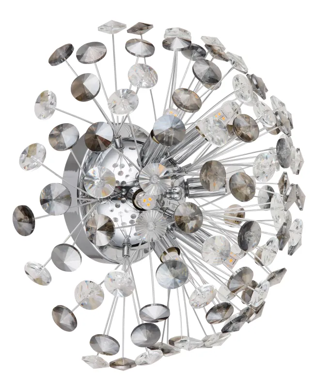 Katrina Ø40 Chrom væglampe Fra Globo Lighting - Den runda stommen i kromf&auml;rgad metall och den halvsf&auml;riska sk&auml;rmen i r&ouml;kf&auml;rgade K9-kristaller skapar en lyxig och inbjudande atmosf&auml;r.