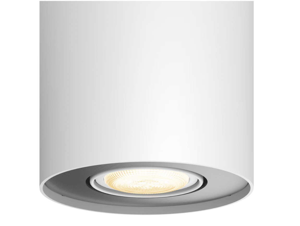 Pillar Hue Hvid spotlight Fra Philips - Du kan v&aelig;lge mellem varme til k&oslash;lige hvide toner og styre den via Bluetooth-appen eller den medf&oslash;lgende lysd&aelig;mperknap.