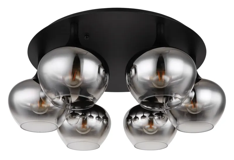 Maxy Ø65 Røgfarvet plafond Fra Globo Lighting - P&aring; en rund takplatta av matttsvart metall sitter sex vackert formade r&ouml;kf&auml;rgade glaskupor.