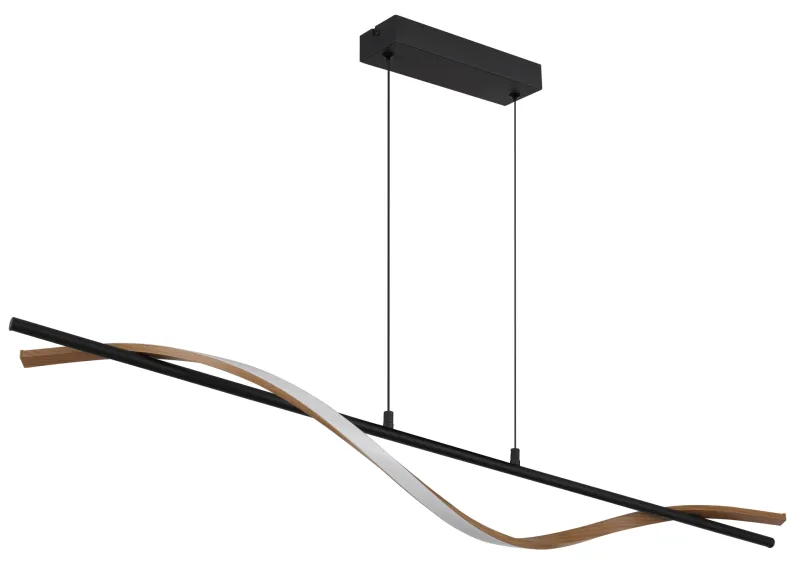 Watkins 115cm Sort loftslampe Fra Globo Lighting - Den raka st&aring;ngen i mattsvart metall utstr&aring;lar enkel elegans, medan aluminium med m&ouml;rk tr&auml;look och den opalf&auml;rgade plastsk&auml;rmen skapar en harmonisk kontrast.