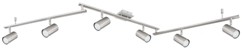 Robby 6 Nikkel spotlight Fra Globo Lighting - Den best&aring;r av tre metallst&auml;nger, var och en utrustad med tv&aring; vridbara GU10-socklar med metallfinish.