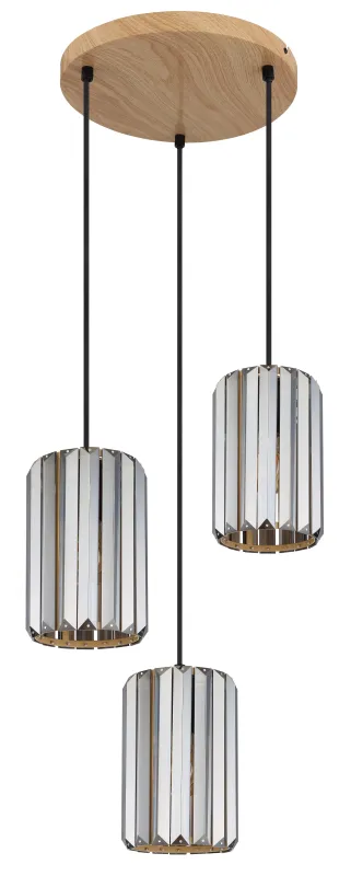Run Ø35 Røgfarvet loftslampe Fra Globo Lighting - Kombinationen av metall i tr&auml;utseende och de tre sk&auml;rmarna med r&ouml;kf&auml;rgade K5-kristaller ger en harmonisk ljusspridning och en sofistikerad k&auml;nsla.