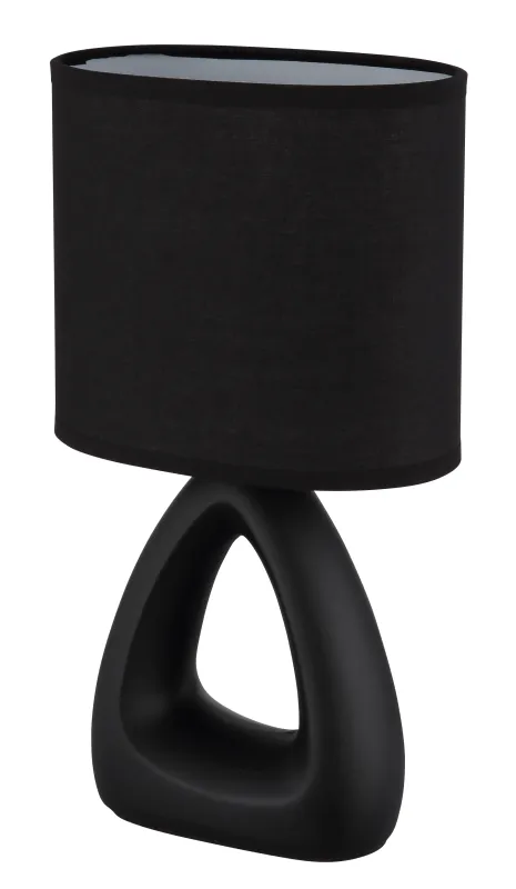 Triangle 30cm Sort bordlampe Fra Globo Lighting - Den triangelformade basen med ett stilrent utskuret h&aring;l ger ett modernt intryck, medan den ovala textilsk&auml;rmen i svart f&auml;rg sprider ett behagligt och j&auml;mnt ljus.