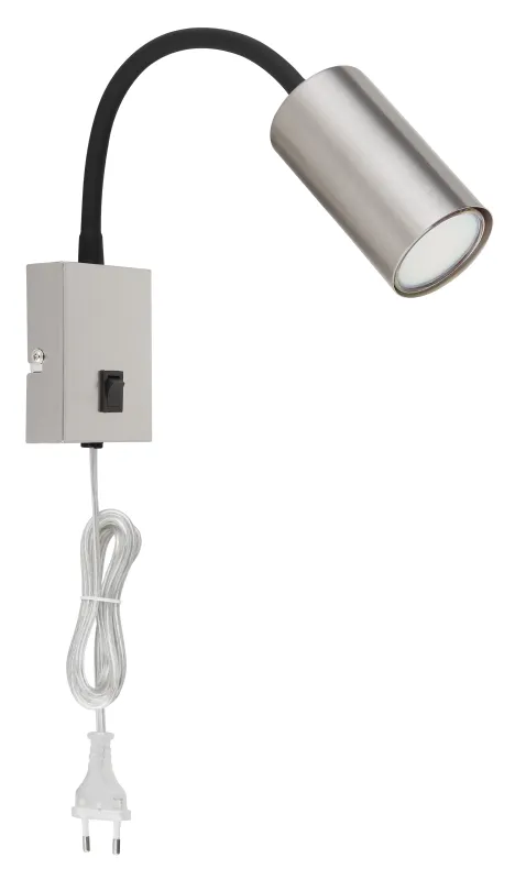 Robby Nikkel læselampe Fra Globo Lighting - Robby &auml;r en klassisk, kompakt v&auml;gglampa tillverkad i svart plast och matt nickelmetall, vilket ger en stilren och modern look.