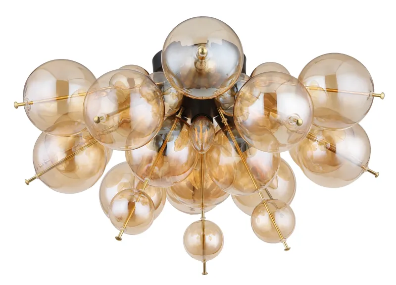 Udo Ø55 Rav plafond Fra Globo Lighting - Dess unika design utm&auml;rks av en rund form d&auml;r guldf&auml;rgade metallstavar elegant sammanl&auml;nkas med varmt b&auml;rnstensf&auml;rgade glasklot i olika storlekar.