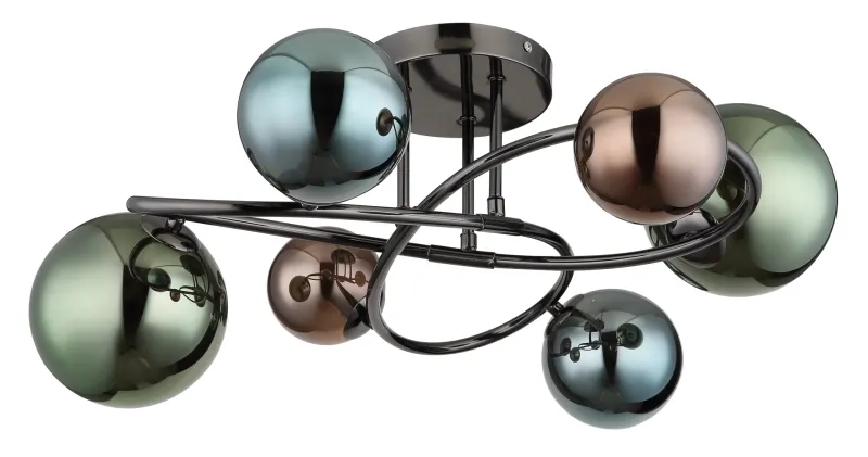 Riha Ø65 Flerfarvet plafond Fra Globo Lighting - De olika glaskulorna i brons, gr&ouml;nt och petrol ger lampan en dynamisk och lekfull karakt&auml;r samtidigt som de skapar en visuellt intressant ljusbild.