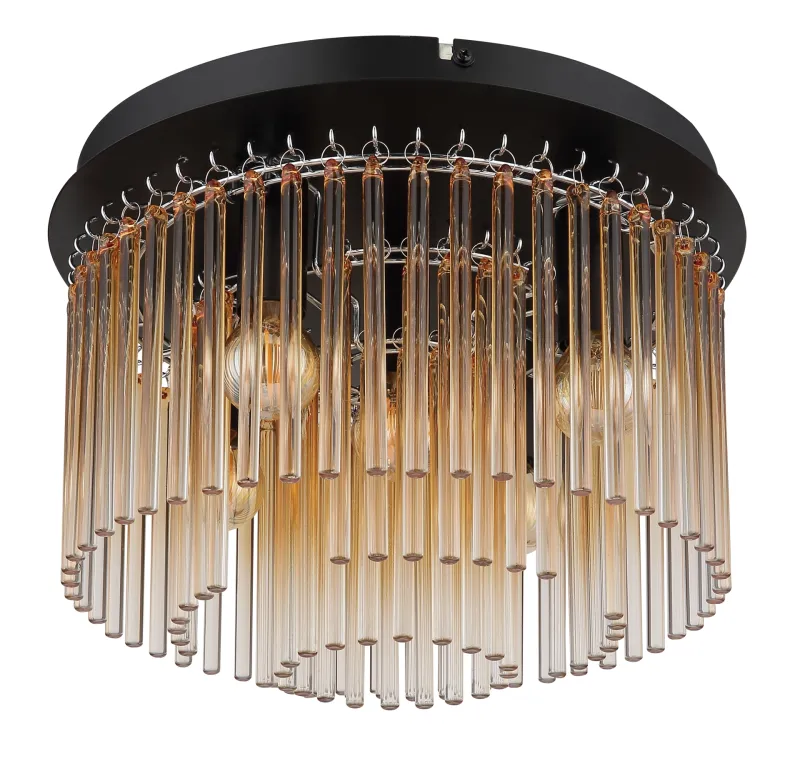 Gorley Ø32 Rav plafond Fra Globo Lighting - Dess design imponerar med en stilfull kombination av mattsvart metall och dekorativa stavar i klart och amberf&auml;rgat glas.
