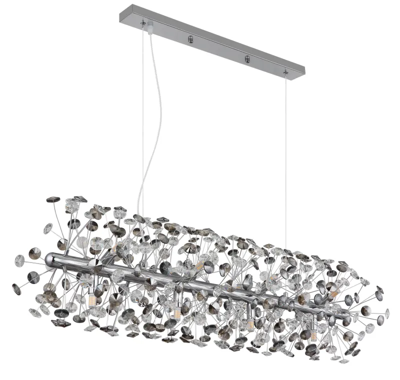 Katrina 90cm Røgfarvet krystal Fra Globo Lighting - Katrina er en elegant rektangulær krystallysekrone i forkromet metal med funklende K9-krystaller, der skaber en sofistikeret og luksuriøs atmosfære i dit hjem.