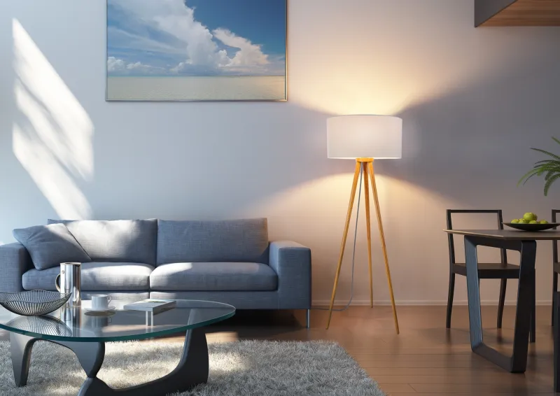 Stabilo Natur gulvlampe Fra Globo Lighting - &nbsp;Den stilrena stommen i brunt tr&auml; tillsammans med den vita textilsk&auml;rmen skapar en harmonisk och tidl&ouml;s look som sm&auml;lter in i b&aring;de klassiska och moderna interi&ouml;rer.