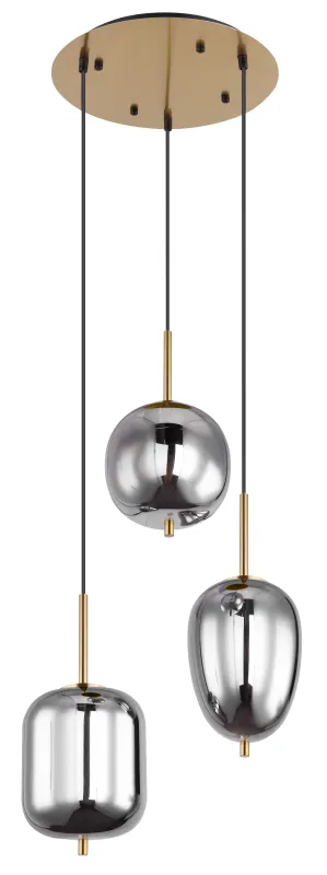 Blacky Ø46 Messing loftslampe Fra Globo Lighting - Den best&aring;r av en rund m&auml;ssingsf&auml;rgad metallplatta, fr&aring;n vilken tre svarta kablar med r&ouml;kf&auml;rgade glasglober i olika former h&auml;nger.