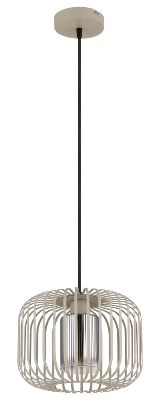 Alfred Ø28 Sand loftslampe Fra Globo Lighting - Den &auml;r tillverkad av sandf&auml;rgad matt metall och har en mjukt rundad metalln&auml;tssk&auml;rm med en inre glascylinder, som skapar ett elegant och luftigt uttryck.