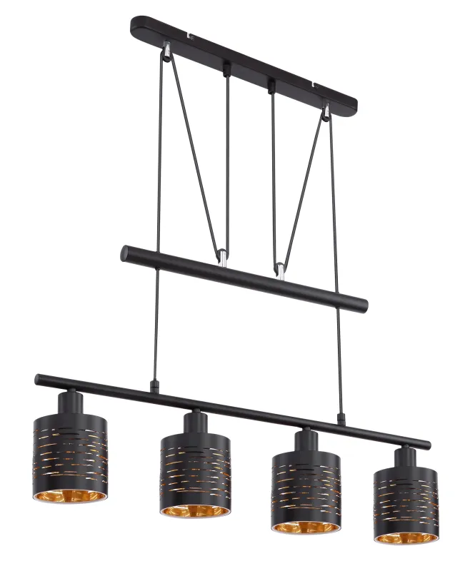 Tunno 70cm Sort loftslampe Fra Globo Lighting - Perfekt f&ouml;r k&ouml;k eller vardagsrum, d&auml;r dess dekorativa utsk&auml;rningar, form och guldf&auml;rgade insida skapar en varm och inbjudande atmosf&auml;r.