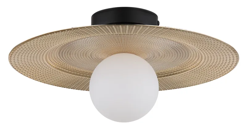 Riga Ø33 Guld plafond Fra Globo Lighting - Lampan &auml;r tillverkad av mattsvart metall och den platta sk&auml;rmen i plast med nyanser av svart, guld och opal ger den en modern och sofistikerad design.
