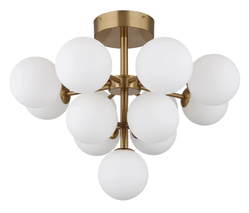 Grappy Ø56 Guld plafond Fra Globo Lighting - Grappy plafond i guldf&auml;rgad metall blir en stilfull och lyxig detalj i varje rum med sin glamor&ouml;sa design och de 13st opalf&auml;rgade glaskulorna.