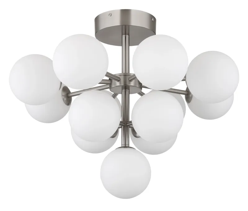 Grappy Ø56 Nikkel plafond Fra Globo Lighting - Grappy plafond blir en stilfull och lyxig detalj i varje rum med sin glamor&ouml;sa design och de 13st opalf&auml;rgade glaskulorna.