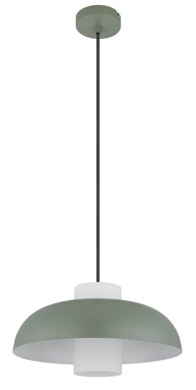 Lowe Ø38 Grøn loftslampe Fra Globo Lighting - Den runda sk&auml;rmen i matt gr&ouml;nf&auml;rgad metall ger ett elegant och tidl&ouml;st uttryck, medan den cylinderformade sk&auml;rmen i opalglas sprider ett mjukt och behagligt ljus.
