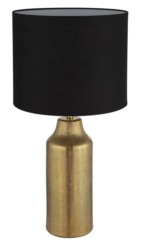 Elden 60cm Guld bordlampe Fra Globo Lighting - Den guldf&auml;rgade keramiska basen i kombination med den svarta cylindriska textilsk&auml;rmen skapar en sofistikerad kontrast och blir en stilfull inredningsdetalj.