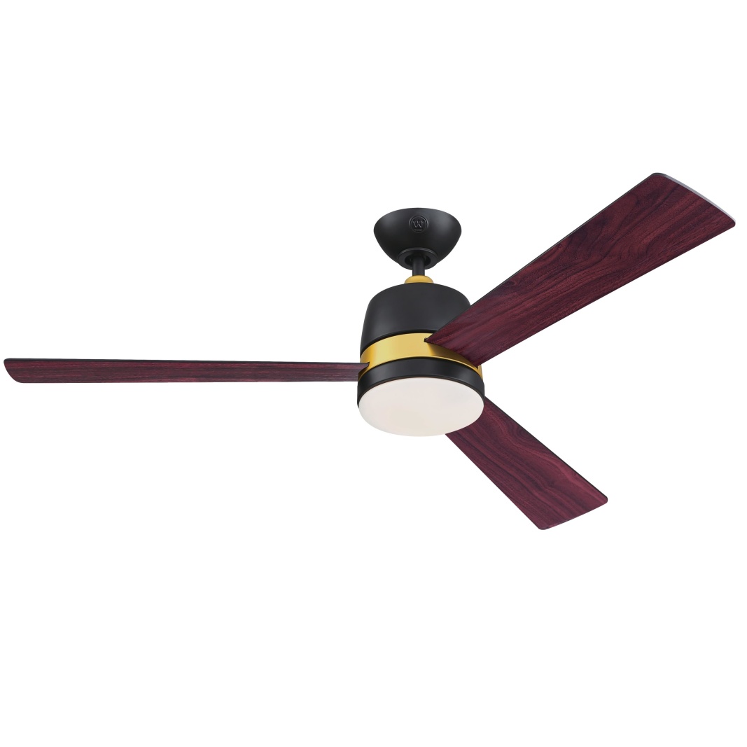 Tristan Ø132 Sort Fra Westinghouse - Tristan loftsventilator, med dæmpbar belysning, DC-motor og fjernbetjening, har et elegant tofarvet design med en mat sort finish og guldaccenter.