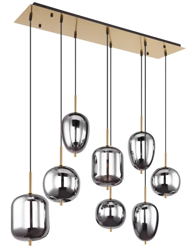 Blacky 102cm Messing loftslampe Fra Globo Lighting - Den 102,5 cm l&aring;nga pendellampan har en rektangul&auml;r m&auml;ssingsf&auml;rgad metallplatta, fr&aring;n denna h&auml;nger &aring;tta svarta kablar med runda, r&ouml;kf&auml;rgade glasglober i olika former.