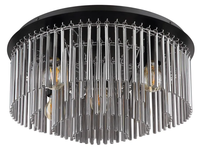 Gorley Ø50 Røgfarvet plafond Fra Globo Lighting - Dess design imponerar med en stilfull kombination av mattsvart metall, gl&auml;nsande krom och r&ouml;kf&auml;rgade glasstavar.
