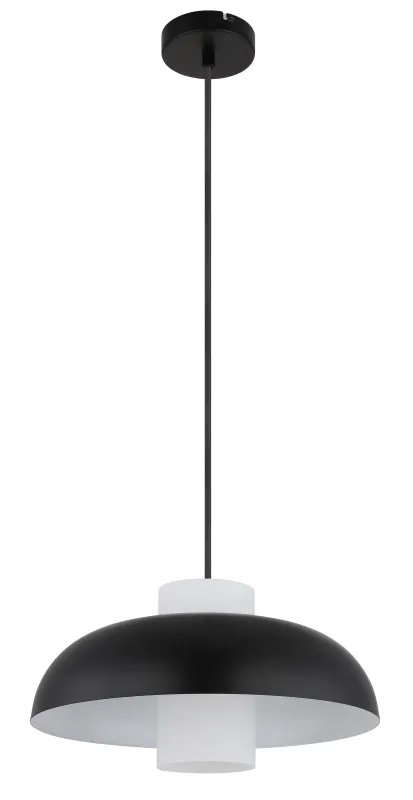 Lowe Ø38 Sort loftslampe Fra Globo Lighting - Den runda sk&auml;rmen i mattsvart metall ger ett elegant och tidl&ouml;st uttryck, medan den cylinderformade sk&auml;rmen i opalglas sprider ett mjukt och behagligt ljus.