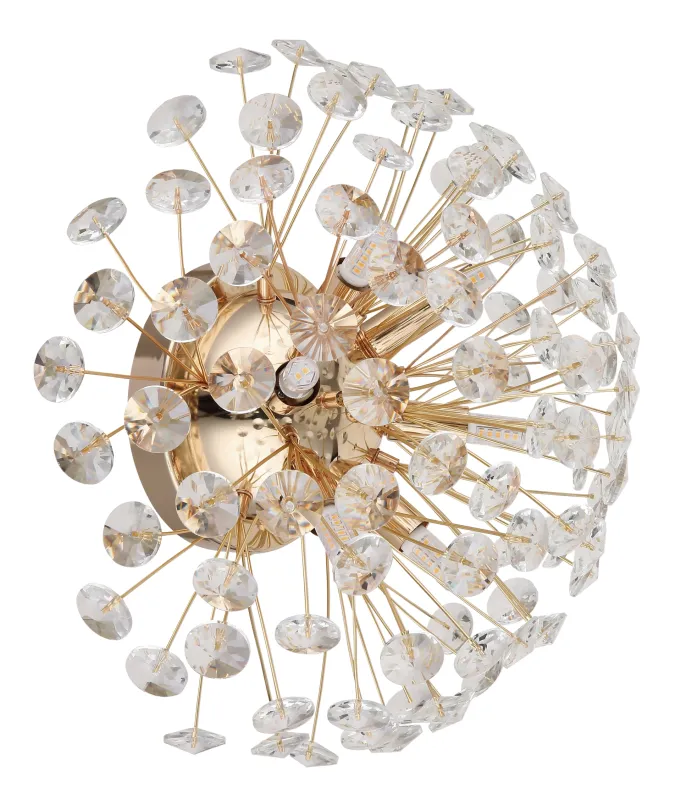 Katrina Ø40 Guld væglampe Fra Globo Lighting - Den runda stommen i guldf&auml;rgad metall och den halvsf&auml;riska sk&auml;rmen i klara K9-kristaller skapar en lyxig och inbjudande atmosf&auml;r.