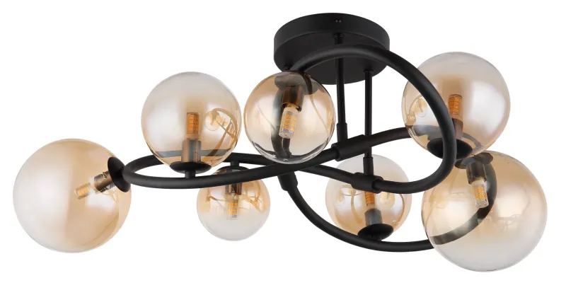 Tuberius Ø62 Rav plafond Fra Globo Lighting - Lampan &auml;r tillverkad av mattsvart metall och &auml;r smyckad med 7st glas i en&nbsp;mjuk b&auml;rnstensf&auml;rgad ton, vilket skapar en st&auml;mningsfull ljusspridning.