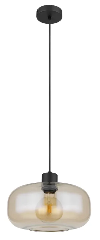 Giuseppe Ø28 Rav loftslampe Fra Globo Lighting - Lampan &auml;r tillverkad av svart metall och har en vackert formad b&auml;rnstensf&auml;rgad glassk&auml;rm.