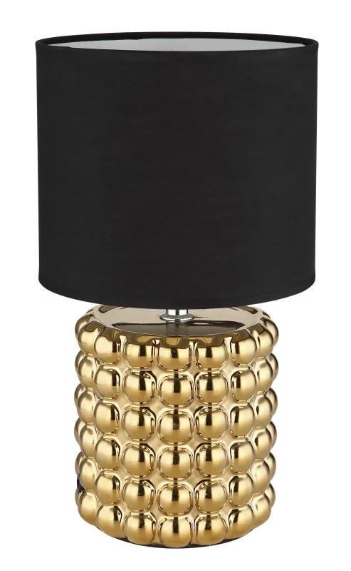 Valentino 33cm Guld bordlampe Fra Globo Lighting - P&aring; en cylinderformad fot i guldf&auml;rgad keramik vilar en stilren, svart textilsk&auml;rm.