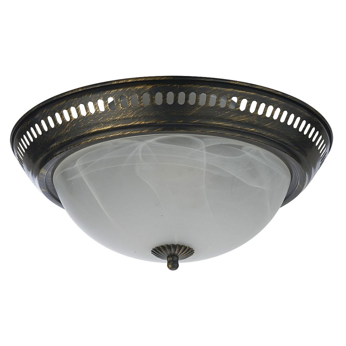 Plafond Ø34 Sort guld plafond Fra Oriva - Med sin antik-inspirerede metalramme i messingfinish og en smuk kuppel i marmorlignende glas vil den v&aelig;re et perfekt valg for dig, der &oslash;nsker at tilf&oslash;je et strejf af rustik elegance til dit hjem.
