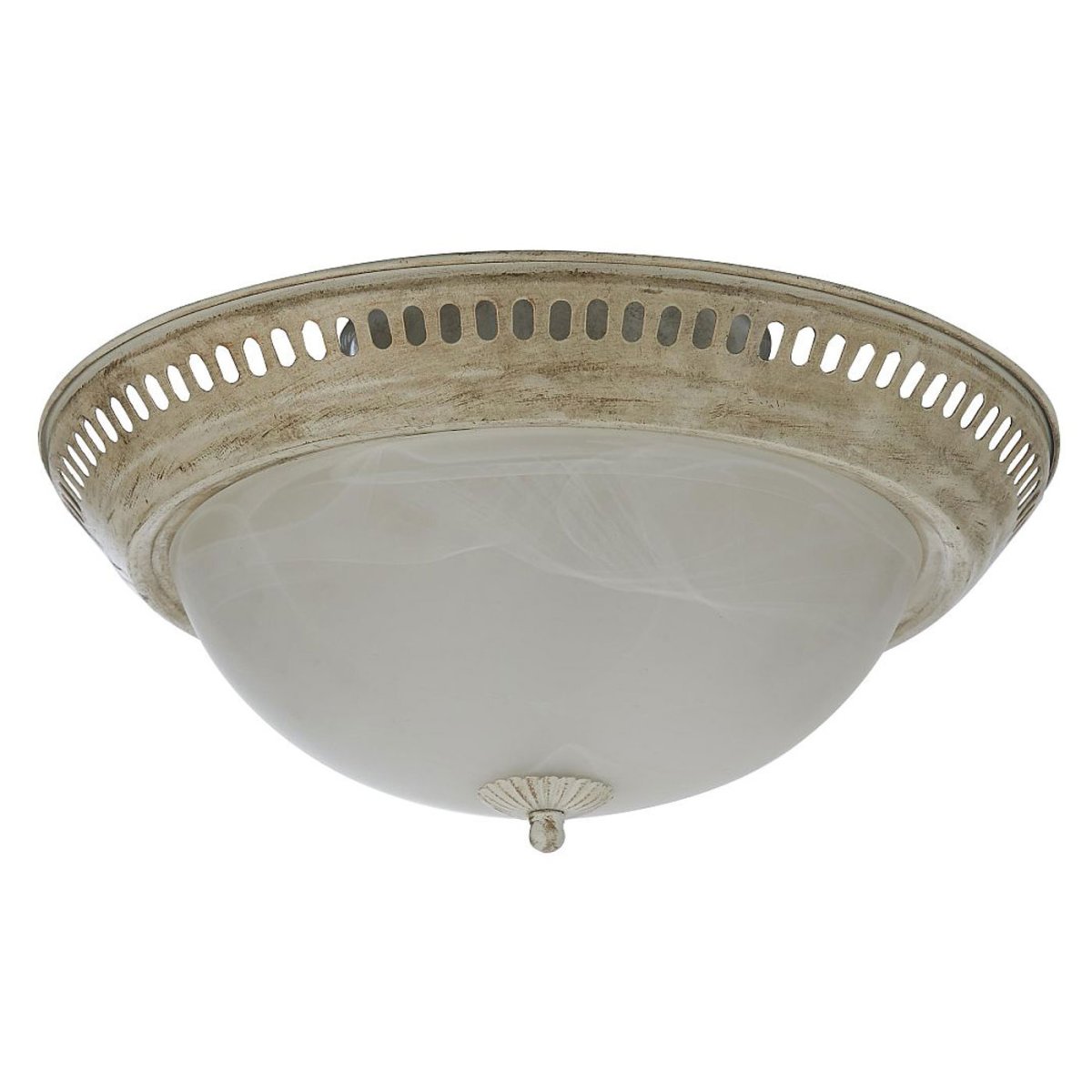 Plafond Ø34 Antik hvid plafond Fra Oriva - Med sin antik-inspirerede metalramme i hvid finish og en smuk kuppel i marmorlignende glas, vil den være et perfekt valg for dig, der ønsker at tilføje et strejf af rustik elegance til dit hjem.
