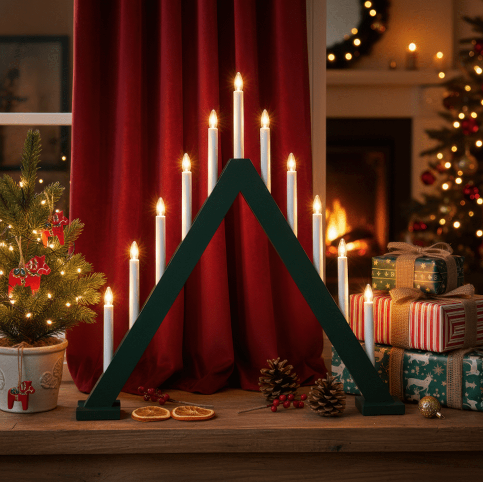 Nova 11 Mørkegrøn Fra Pixie Design - Nova er en klassisk tr&aelig;lysestage med elleve lys og en smuk m&oslash;rkegr&oslash;n farve, der minder om traditionelle julefejringer.