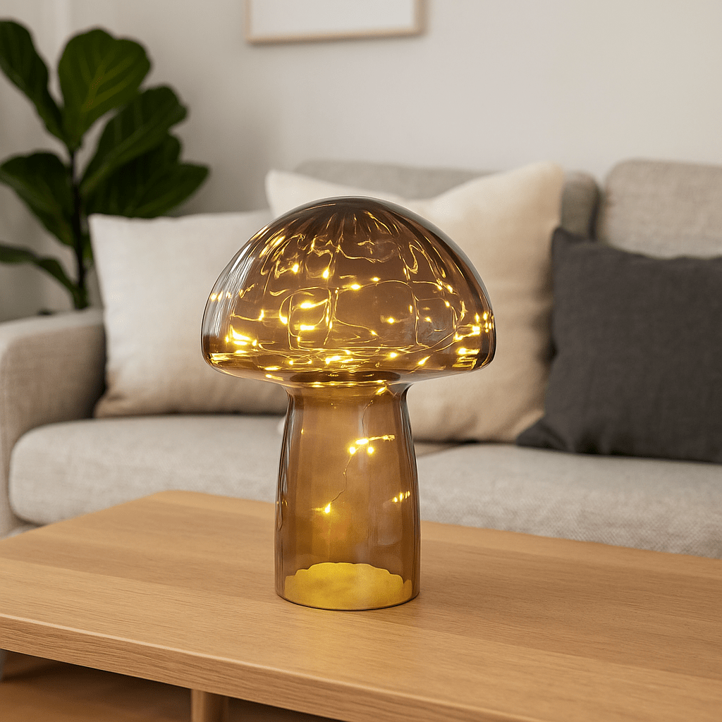 Mushroom 23cm Rødbrun bordlampe Fra Pixie Design - Den er udstyret med timer og en praktisk 5-trins lysd&aelig;mper til at justere lyset efter behov, hvilket g&oslash;r den perfekt til b&aring;de opgavebelysning og hyggelig aftenbelysning.