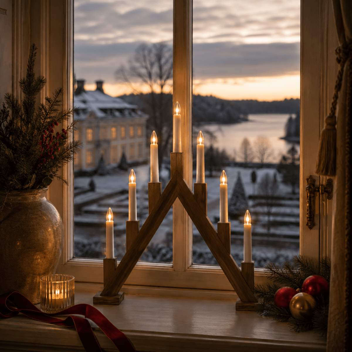 Ellen Brun plet Fra Pixie Design - Den spidse form og de syv lys i forskellige h&oslash;jder skaber en traditionel silhuet, der passer fint ind i advent og jul.