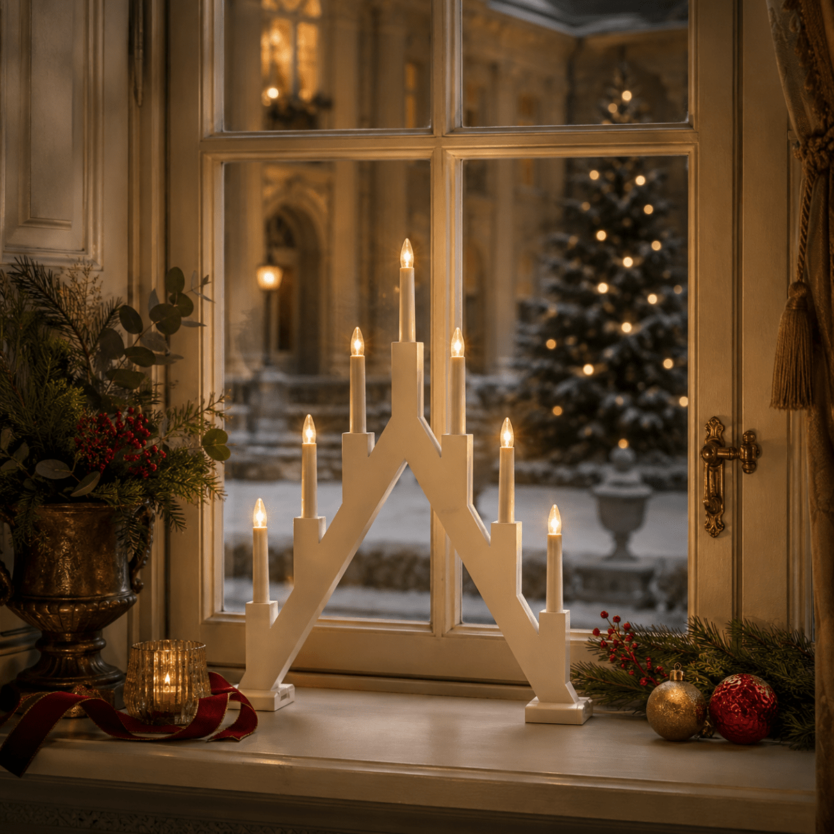 Ellen Hvid Fra Pixie Design - Ellen er en klassisk tr&aelig;lysestage med en hvid finish og en dekorativ, spids form, der minder om traditionelle adventsstager.