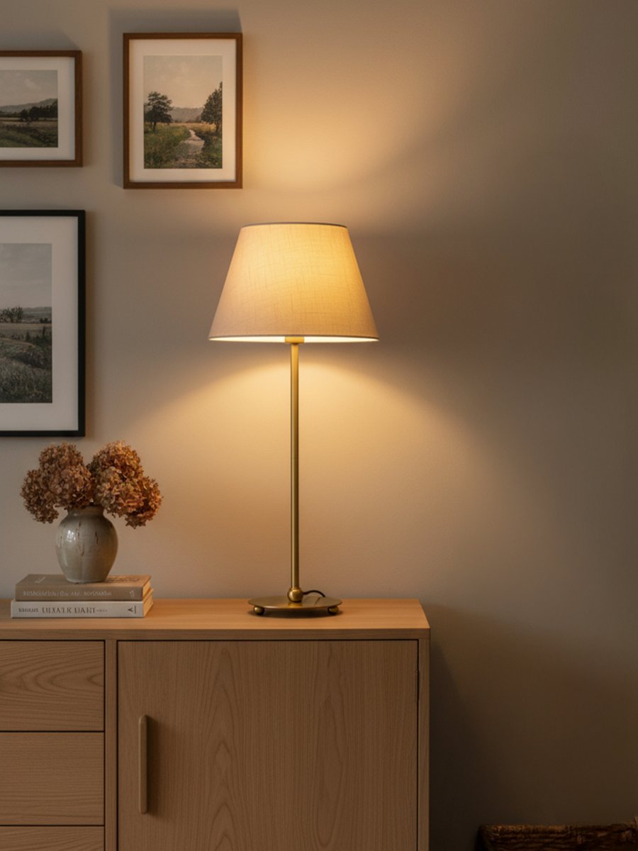 Julie 52cm Messing/hvid bordlampe Fra PR Home - Den har en smuk lampefod i messingfinish kombineret med en hvid, oval lampesk&aelig;rm i en klassisk form, hvilket giver et tidl&oslash;st og harmonisk udtryk.
