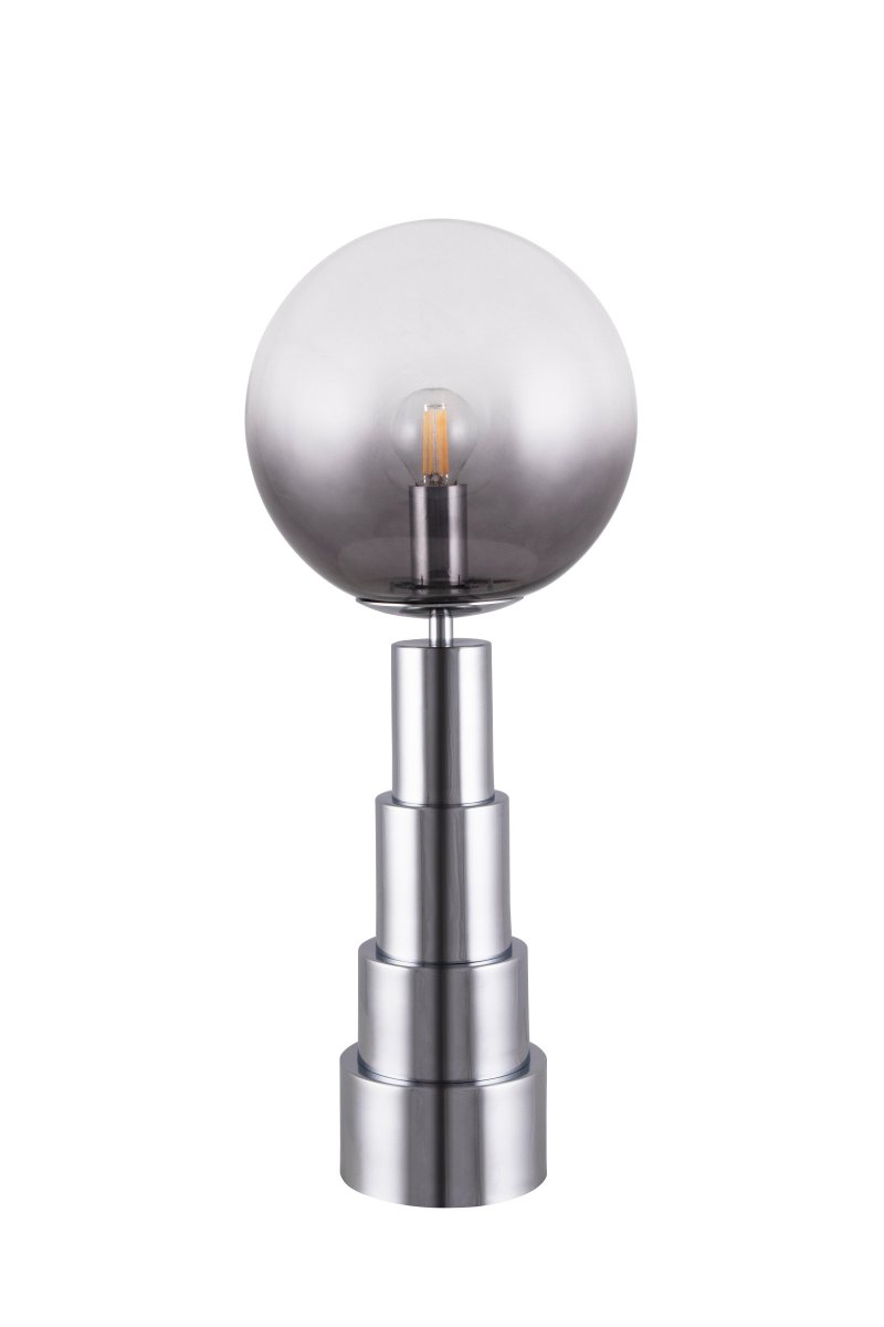 Astro 48cm Chrom bordlampe Fra Globen Lighting - Lampen er lavet af kromfarvet metal og med en glaskugle, der er tonet fra røg til klar.