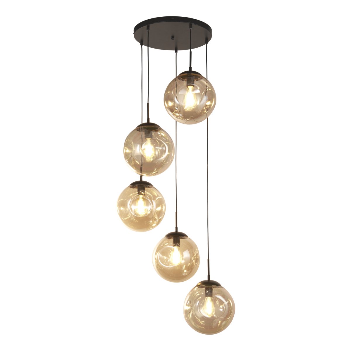 Punch Ø60 Champagne loftslampe Fra Searchlight - Punch er en stilfuld loftslampe med 5 glasskærme i champagnefarve, der skaber en varm atmosfære i rummet.