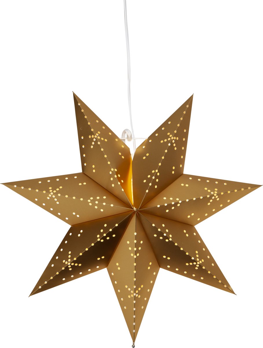 Classic Ø45 Guld Fra Star Trading - Dekorative adventsstjerner i papir, udstansede perlem&oslash;nstre, der slipper igennem et atmosf&aelig;risk lys.