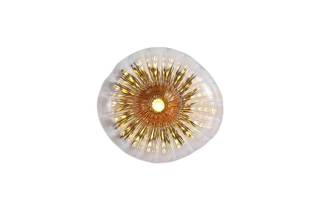 Sunbeam Ø14 Gennemsigtig/sort væglampe Fra Searchlight - Den runde, ribbede skærm i transparent glas har en smuk ravfarvet kuppel indeni, der skaber liv og struktur, samtidig med at den spreder lyset blødt og behageligt i rummet.
