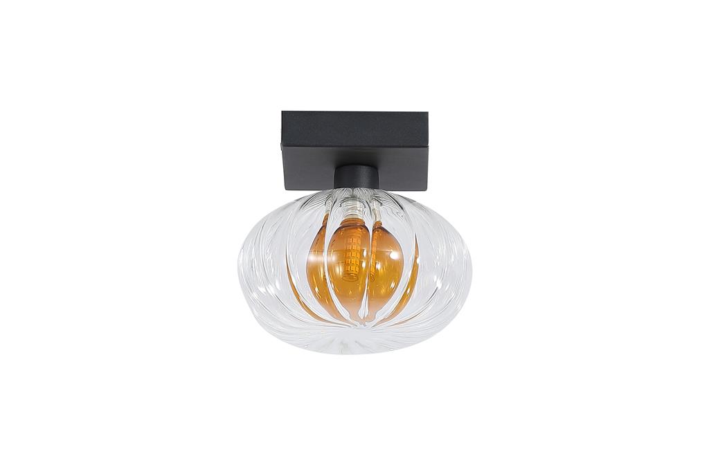 Sunbeam Ø14 Gennemsigtig/sort væglampe Fra Searchlight - Den runde, ribbede skærm i transparent glas har en smuk ravfarvet kuppel indeni, der skaber liv og struktur, samtidig med at den spreder lyset blødt og behageligt i rummet.