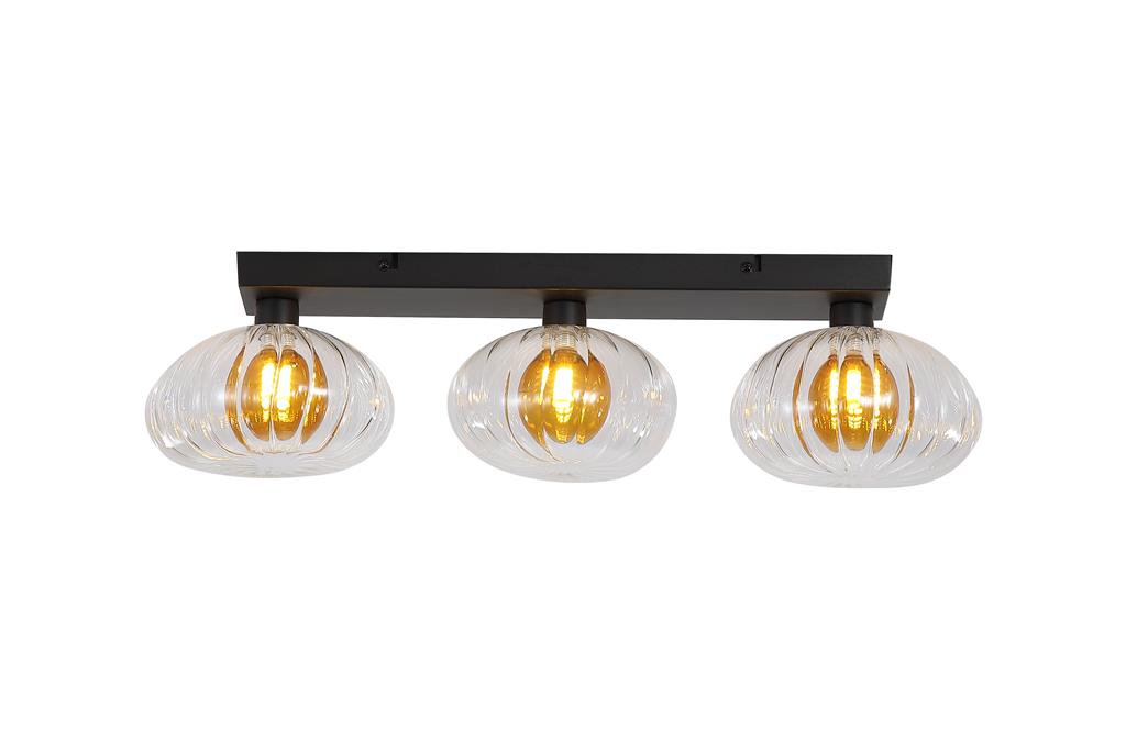 Sunbeam 52cm Gennemsigtig/sort væglampe Fra Searchlight - De runde, ribbede skærme i transparent glas har en smuk ravfarvet kuppel indeni, der skaber liv og struktur, samtidig med at den spreder lyset blødt og behageligt i rummet.