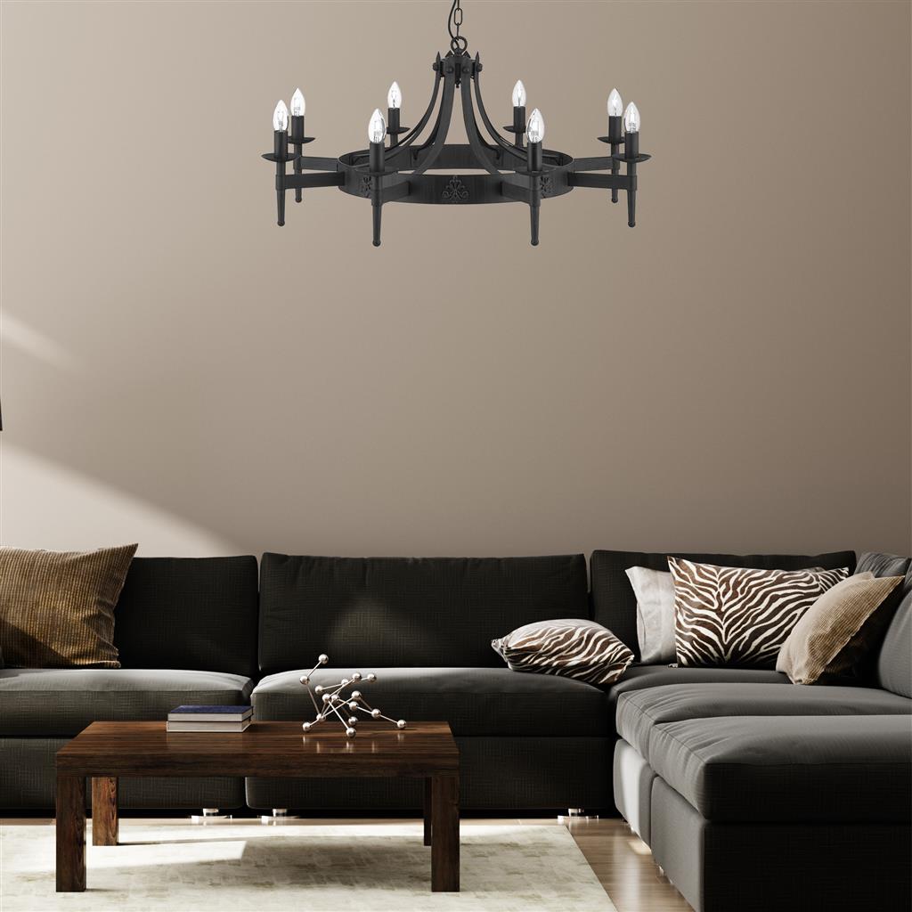 Cartwheel II Ø85 Sort loftslampe Fra Searchlight - Denne imponerende lysekrone har en udpr&aelig;get gotisk stil og er perfekt til sovev&aelig;relser, stuer, spisestuer eller k&oslash;kkener, hvor du &oslash;nsker at skabe en varm, traditionel f&oslash;lelse.