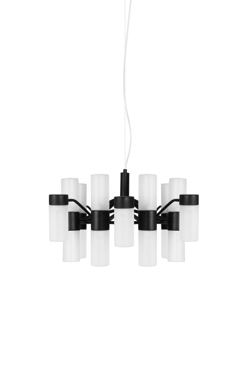 Santa Maria Ø57 Sort loftslampe Fra Globen Lighting - Lampen er lavet i matsort lakeret metal og har 18 glaskupler i matteret glas, hvilket betyder, at smukke lyspunkter er synlige gennem glasset, når lampen er tændt.