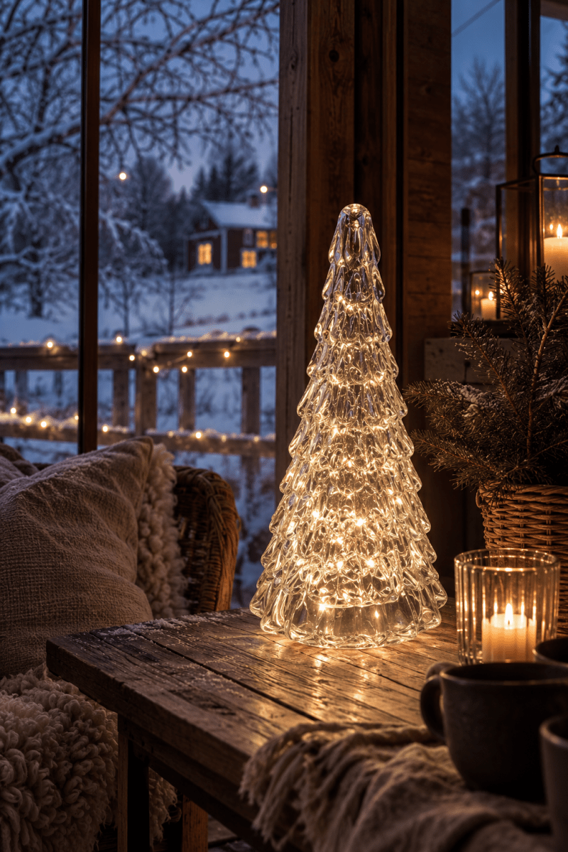 Gran 30cm Gennemsigtig Fra Pixie Design - Det smukt formede grantr&aelig; har en indbygget lysk&aelig;de med 100 sm&aring; LED-dioder, der spreder et behageligt, varmt hvidt sk&aelig;r.