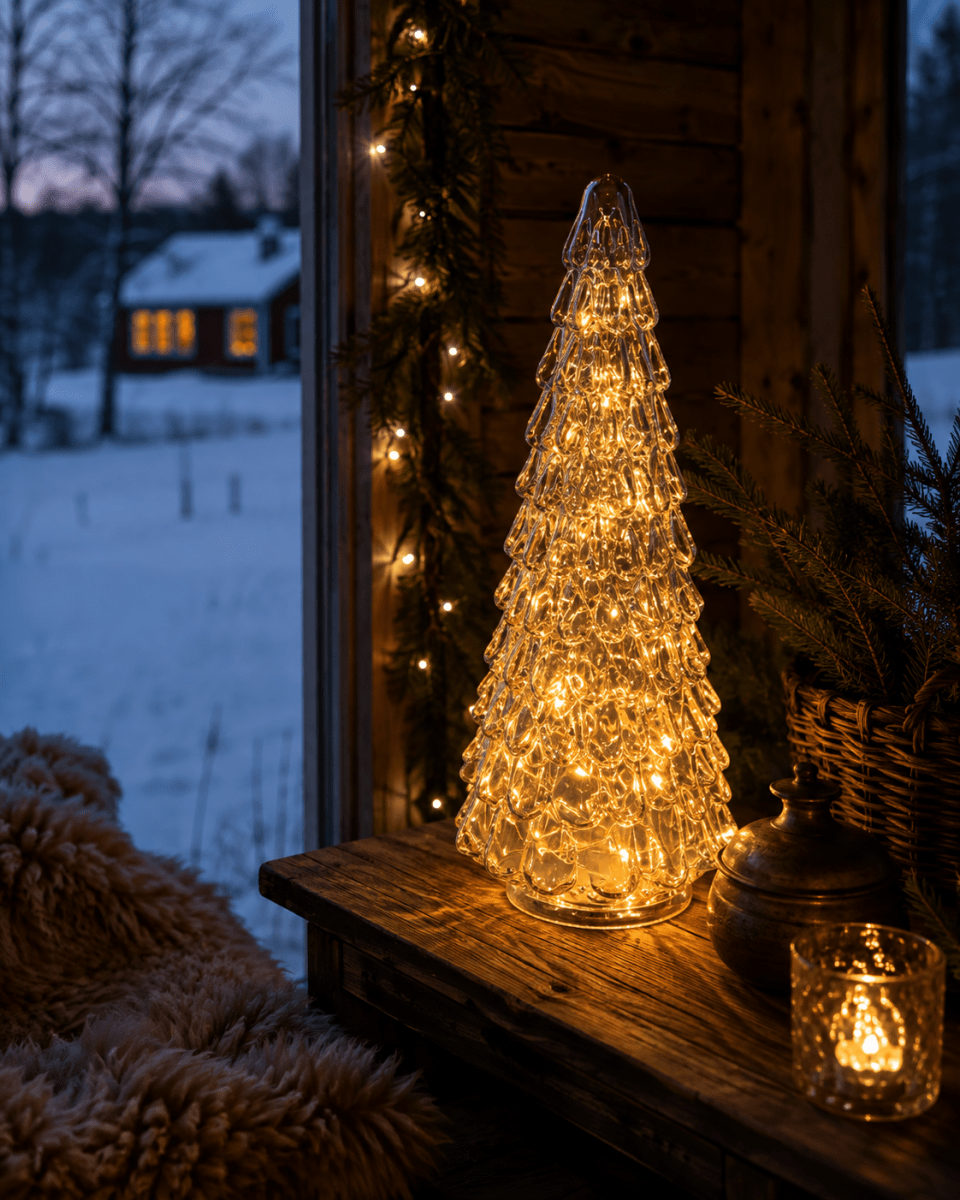 Gran 30cm Brun Fra Pixie Design - Det smukt formede grantr&aelig; har en indbygget lysk&aelig;de med 100 sm&aring; LED-dioder, der spreder et behageligt, varmt hvidt sk&aelig;r.