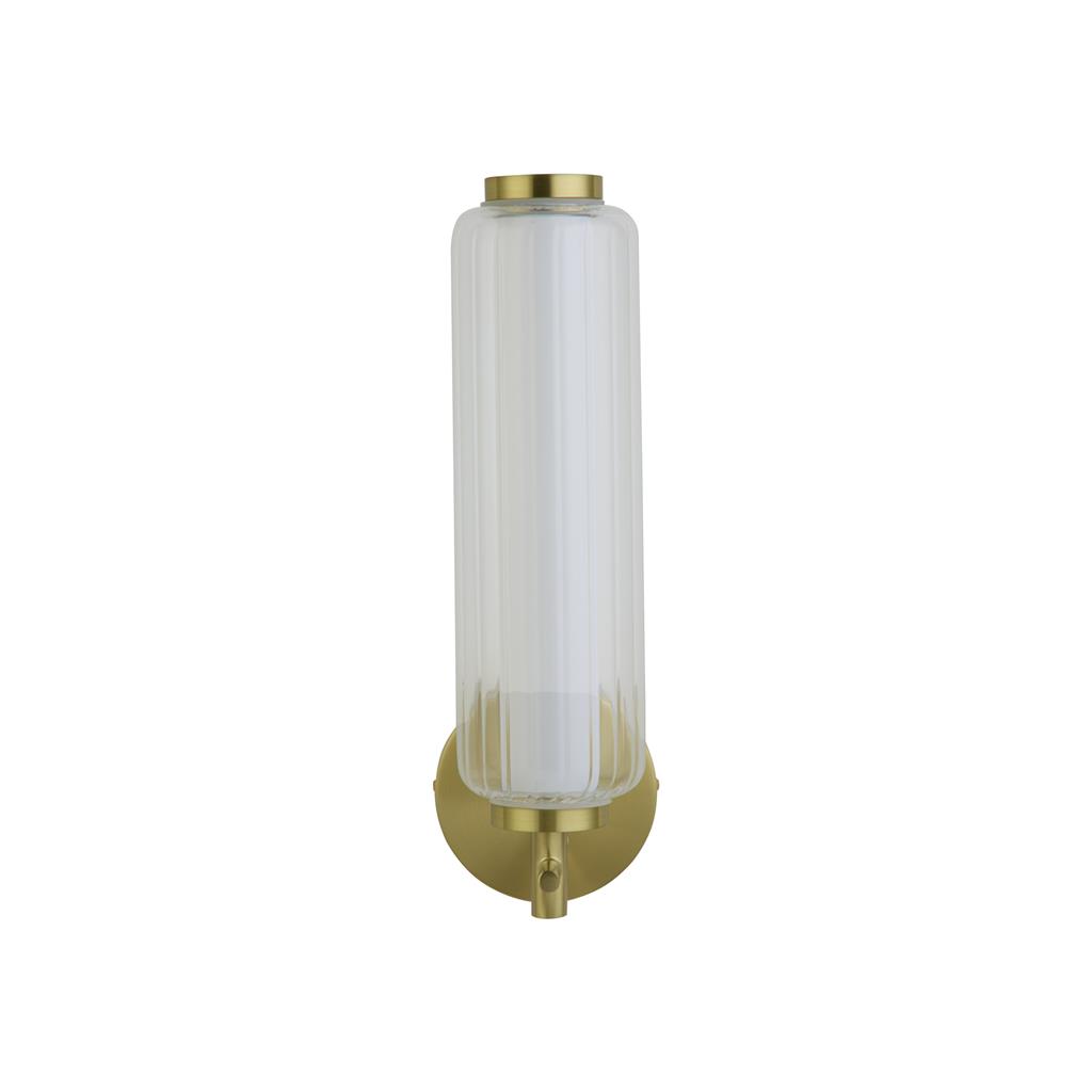 Mod 32cm Messing væglampe Fra Searchlight - Inde i sk&aelig;rmen er en opal diffusor, der giver et bl&oslash;dt, j&aelig;vnt og bl&aelig;ndfrit lys i rummet.