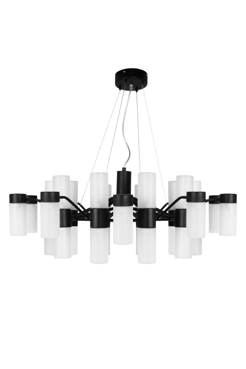 Santa Maria Ø90 Sort loftslampe Fra Globen Lighting - Lampen er lavet i matsort lakeret metal og har 30 glaskupler i matteret glas, hvilket betyder, at smukke lyspunkter er synlige gennem glasset, når lampen er tændt.
