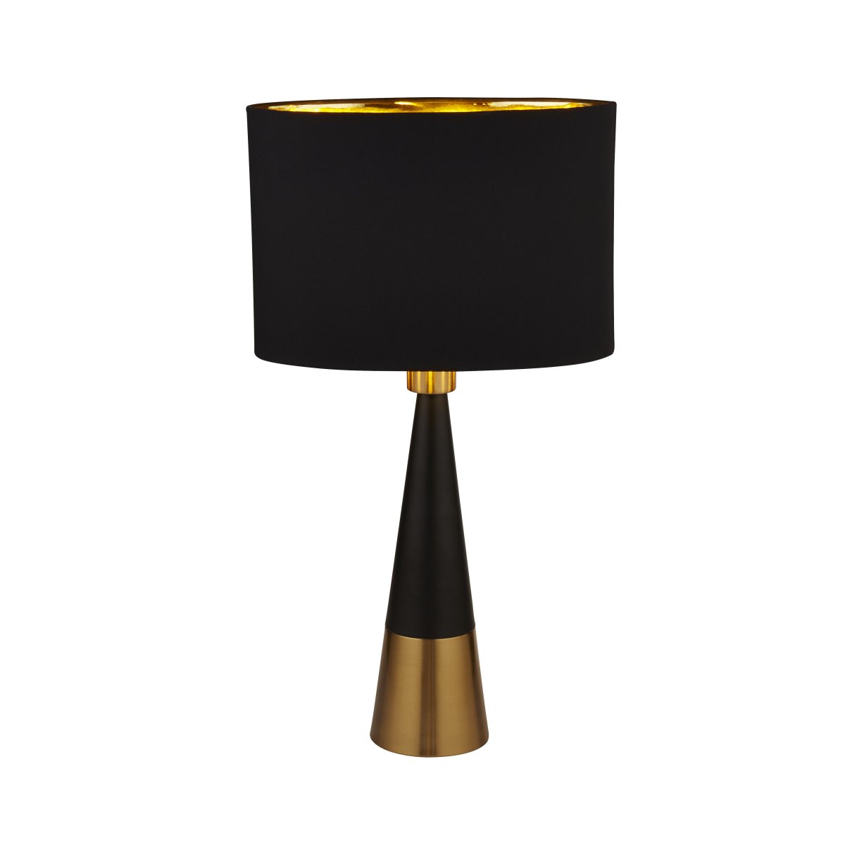Chloe 40cm Mat sort bordlampe Fra Searchlight - Den ovale skærm med gyldent interiør skaber et varmt og behageligt lys, mens den slanke base med en kontrastfarvet gylden base tilføjer et sofistikeret touch.