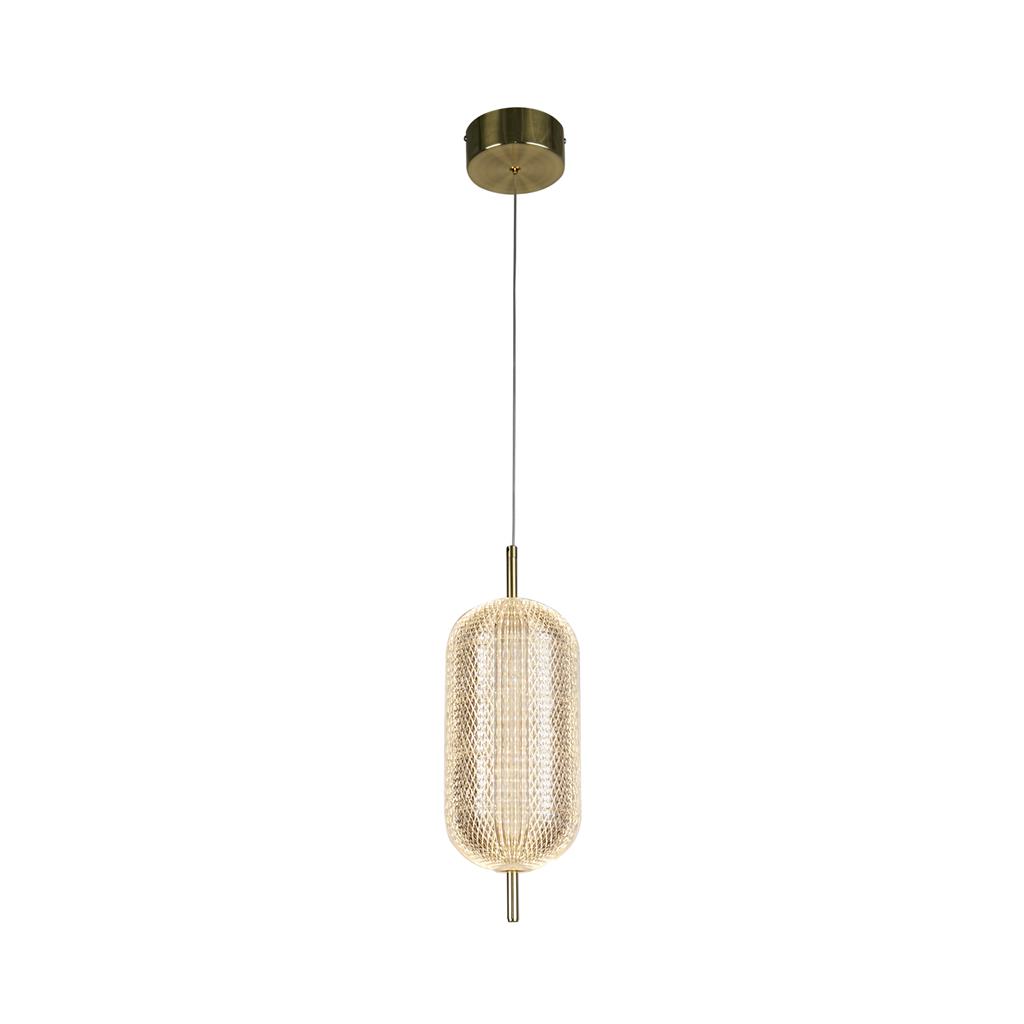 Capsule Ø15 Messing loftslampe Fra Searchlight - Capsule er en elegant og moderne pendel med detaljer i satinmessing og en skærm i akrylglas, der spreder et blødt og behageligt lys.